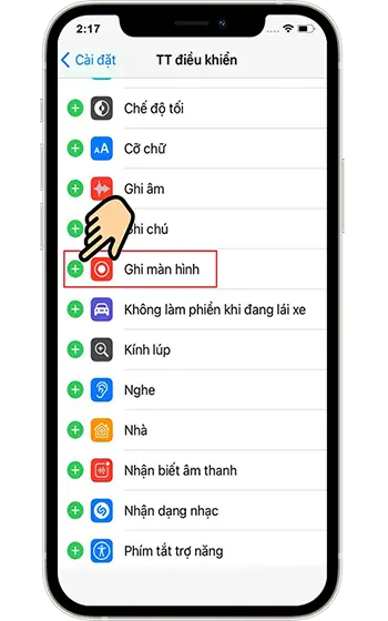 Bước 2: Nhấn dấu + màu xanh cạnh ghi màn hình để thêm biểu tượng quay vào trung tâm điều khiển.